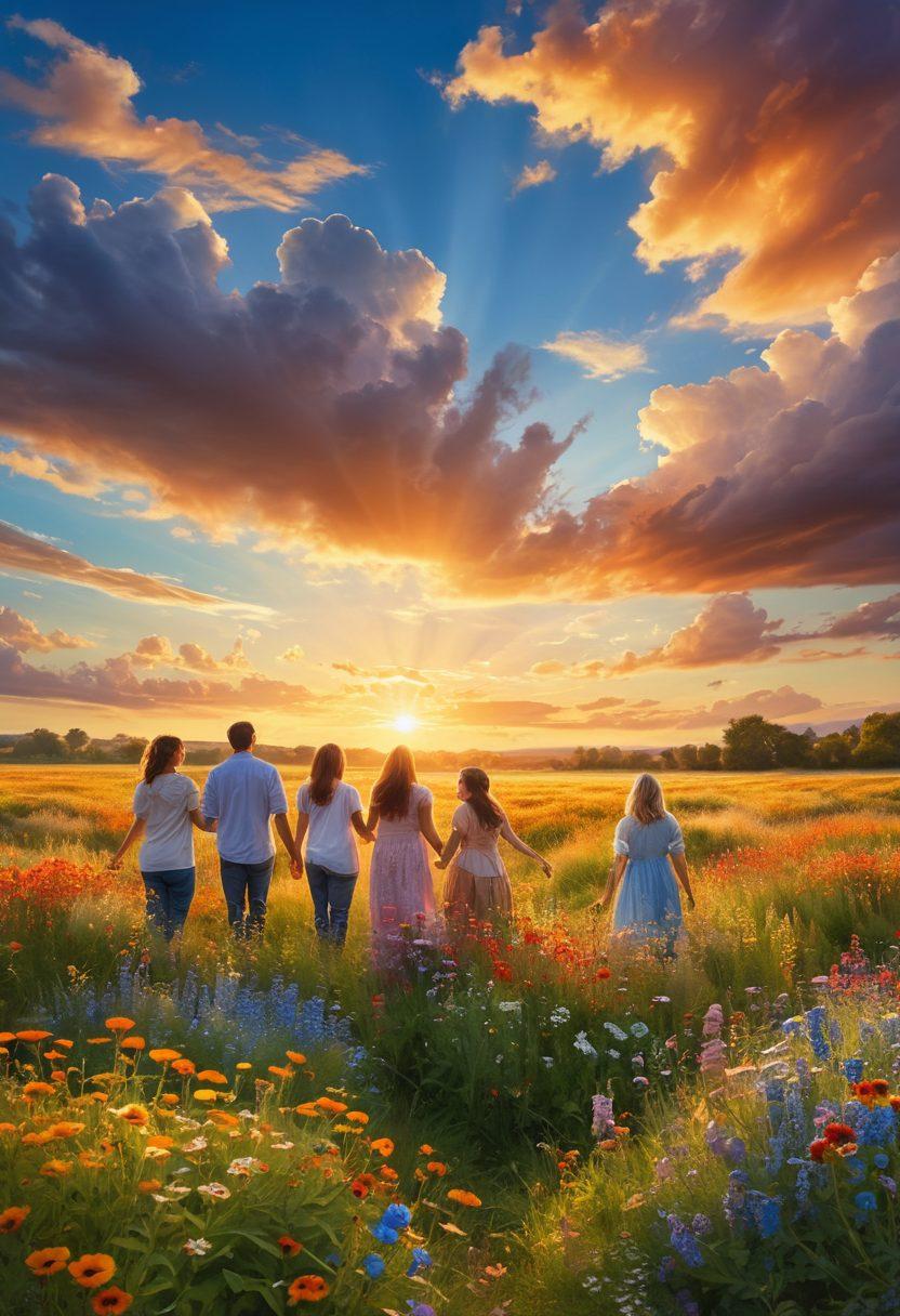 A serene landscape featuring a sunrise over a vibrant field of wildflowers, symbolizing growth and positivity. In the foreground, a diverse group of people of different ages are laughing and sharing joyful moments, radiating happiness and connection. The scene is bathed in warm, golden light, evoking a sense of hope and upliftment. Fluffy clouds float in a bright blue sky, enhancing the feeling of openness. soft painting style. vibrant colors.
