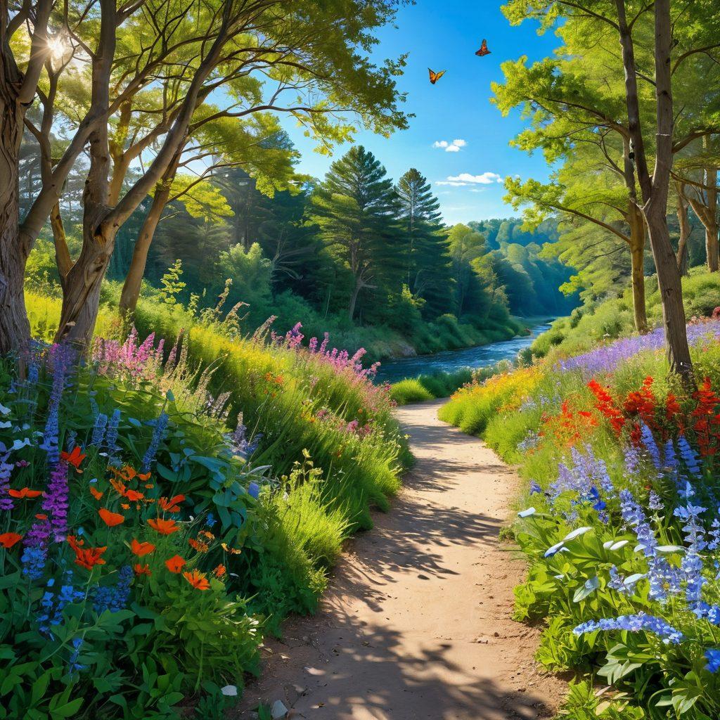 A serene landscape featuring a winding path surrounded by colorful wildflowers and tall, lush trees under a bright blue sky. A person joyfully walking along the path, with rays of sunlight filtering through the leaves, embodying an uplifting and cheerful spirit. Vibrant butterflies flutter around, symbolizing transformation and well-being. A peaceful river can be seen in the background, reflecting the colors of nature. super-realistic. vibrant colors. peaceful atmosphere.