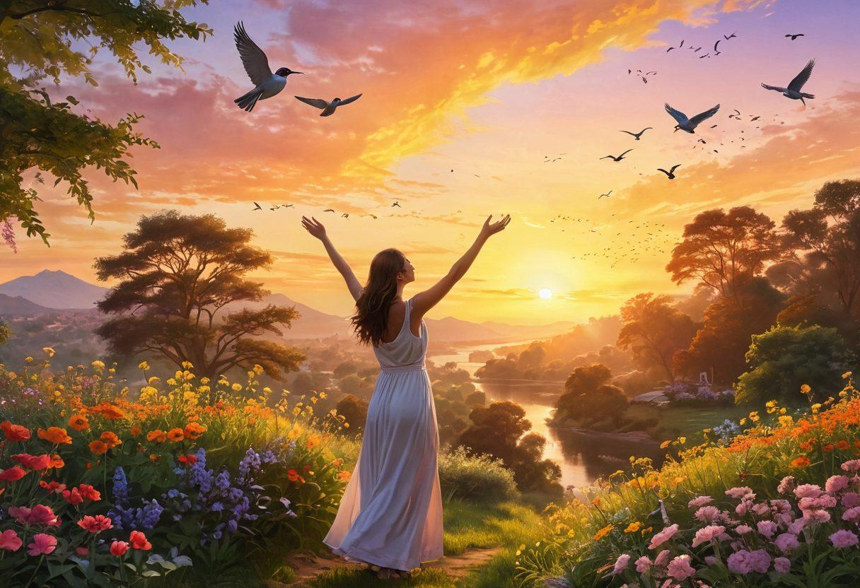 A serene sunrise over a lush landscape, with a person joyfully embracing the morning light, surrounded by blooming flowers and birds in flight, evoking a sense of optimism and positivity. Soft, warm colors to enhance the feeling of hope and joy. super-realistic. vibrant colors. peaceful ambiance.